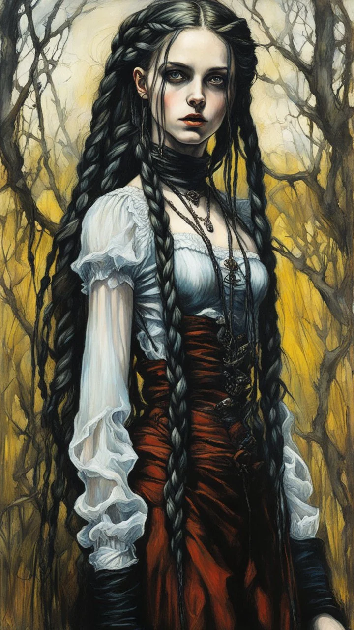 highly detailed, full body oil painting, petite goth girl with long dark braided hair, sharply defined angular facial features, anatomic perfection, by Andrea Kowch> <Yoji Shinkawa><Arthur Rackham> <Jean-Giraud Moebius, saturated vibrant natural color tones, precisely drawn and inked, 8k resolution