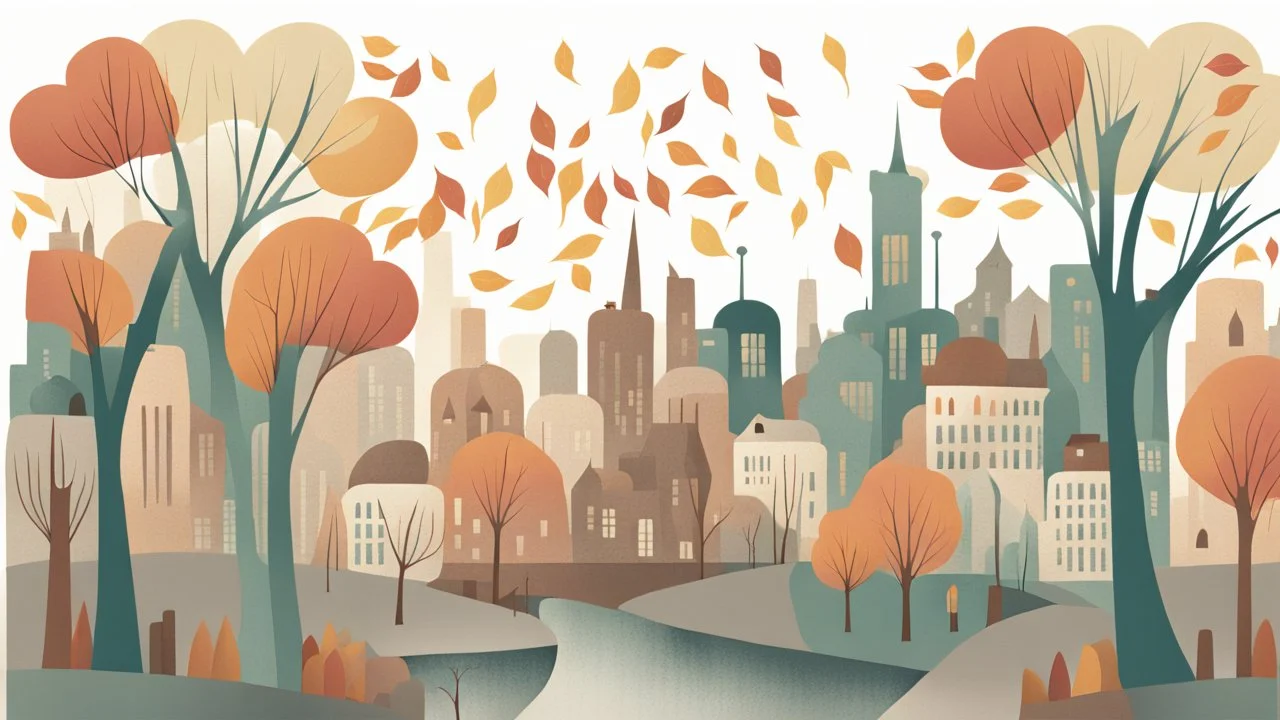 Whimsical muted colored illustration of a whimsical cityscape with weeping willows and windblown autumn leaves