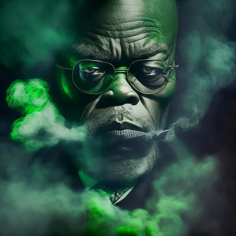 pintura barroca de samuel l jackson, con tintes oscuros verdes apagado, ingles, entre humo