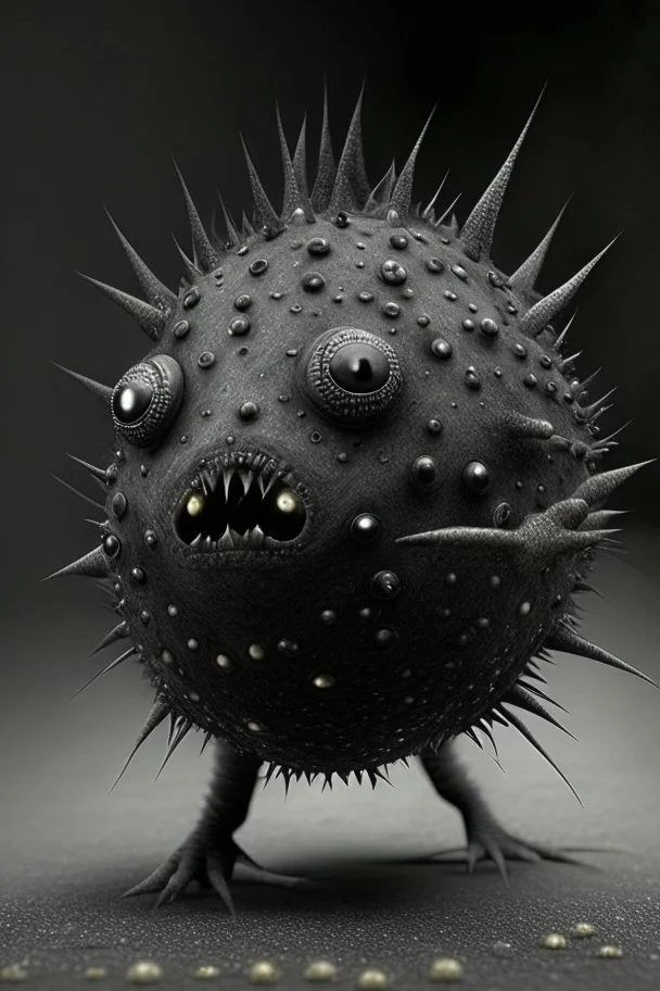 Solid spherical creature, four black eyes, very small mouth, lighting body, The creature is gray iron, without dots, without thorns, wearing worrier shoes, smoke from the head, high details, stunning realistic photograph