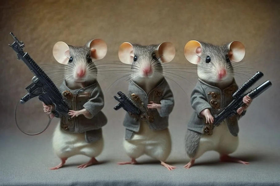 pulp-fiction costumed taxidermy mice with guns in hands