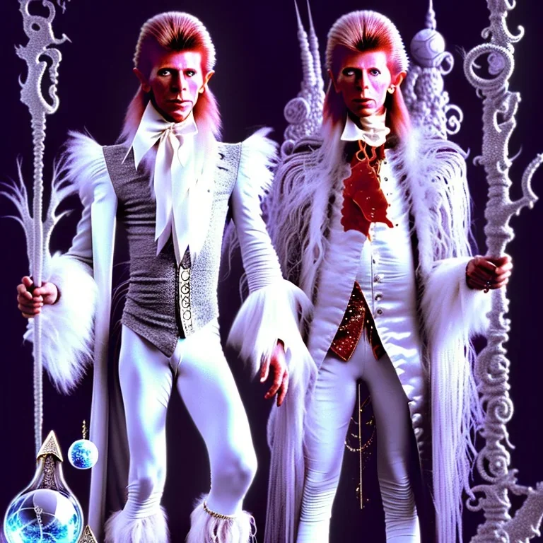 large ball room area, David bowie full body, white snow owl feathery jacket, fancy 1700's time period clothes, Jim Henson's The Labyrinth, Jareth the goblin king, holding crystal balls in hand, wearing spandex grey leggings, huge crotch bulge, labyrinth illusion, floating broken stairs in background, anatomically correct, 8k hyper realistic,80's vibe, complex background