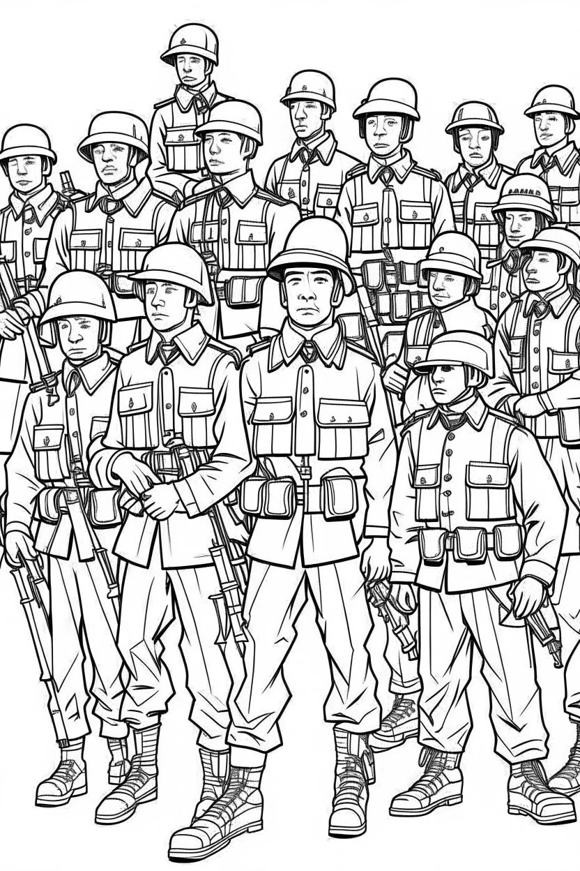 Outline art for coloring page OF A BOX OF 1945 TOY SET OF U.S. PLASTIC TOY ARMY SOLDIERS, coloring page, white background, Sketch style, only use outline, clean line art, white background, no shadows, no shading, no color, clear