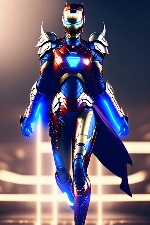 pretty woman on great modern armour, metalic, blue and silver paint, complete costume, helmet and mask, female stylized, woman lines, flying, iron man influence, darknight sky background, intrincate details, high a.i. perseption, nano tecnology, lights, high quality picture, renderizing.