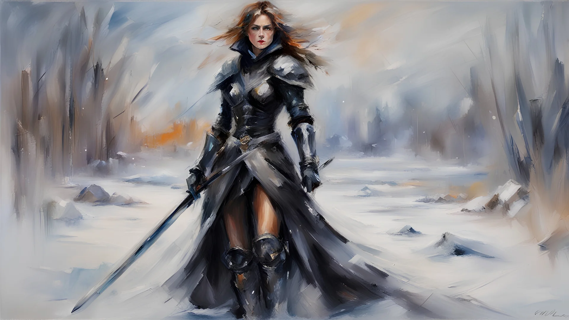 a warrior woman in black armor on the background of a cold snow-covered country, ice and crystal, frost and snow, oil and pastel, by Leonid Afremov & William Kentridge & Anna Razumovskaya