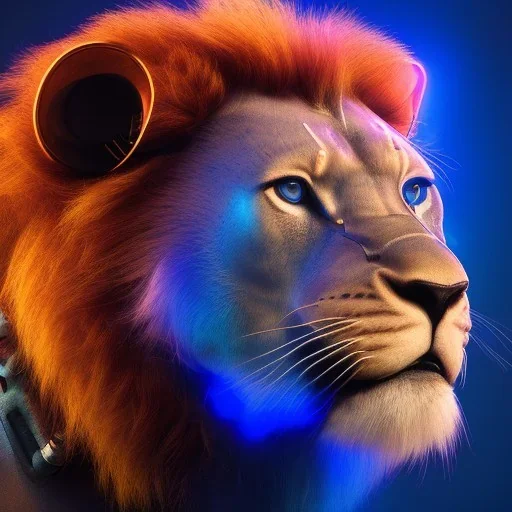 A beautiful portrait of a cyborg lion blue neon color scheme, high key lighting, volumetric light high details psychedelic background