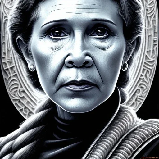 actress carrie fisher, ominous, waist up portrait, intricate, oil on canvas, masterpiece, expert, insanely detailed, 4k resolution, retroanime style, circular reflective eyes, cinematic smooth, intricate detail , soft smooth lighting, soft pastel colors, painted Renaissance style