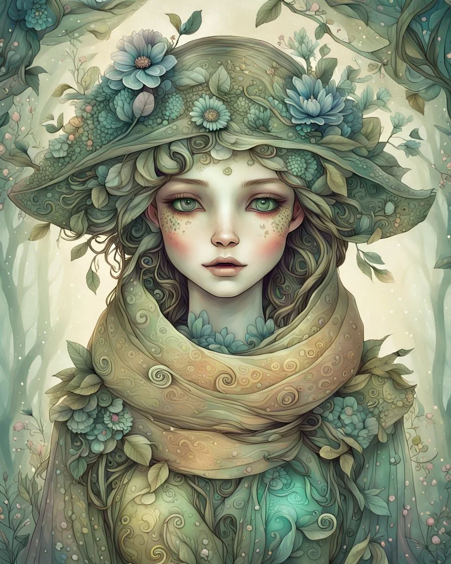 A stunning digital illustration of an ethereal, otherworldly figure embodying the essence of spring. The figure has a whimsical and surreal appearance, with intricate details and a harmonious color palette. She has a delicate, almost doll-like face with expressive eyes that reveal a calm, yet somewhat mysterious expression. This evokes a sense of peace and wonder. Her outfit is a blend of rustic and elegant, with a patchwork pattern that incorporates earthy tones and textures. The garment appear