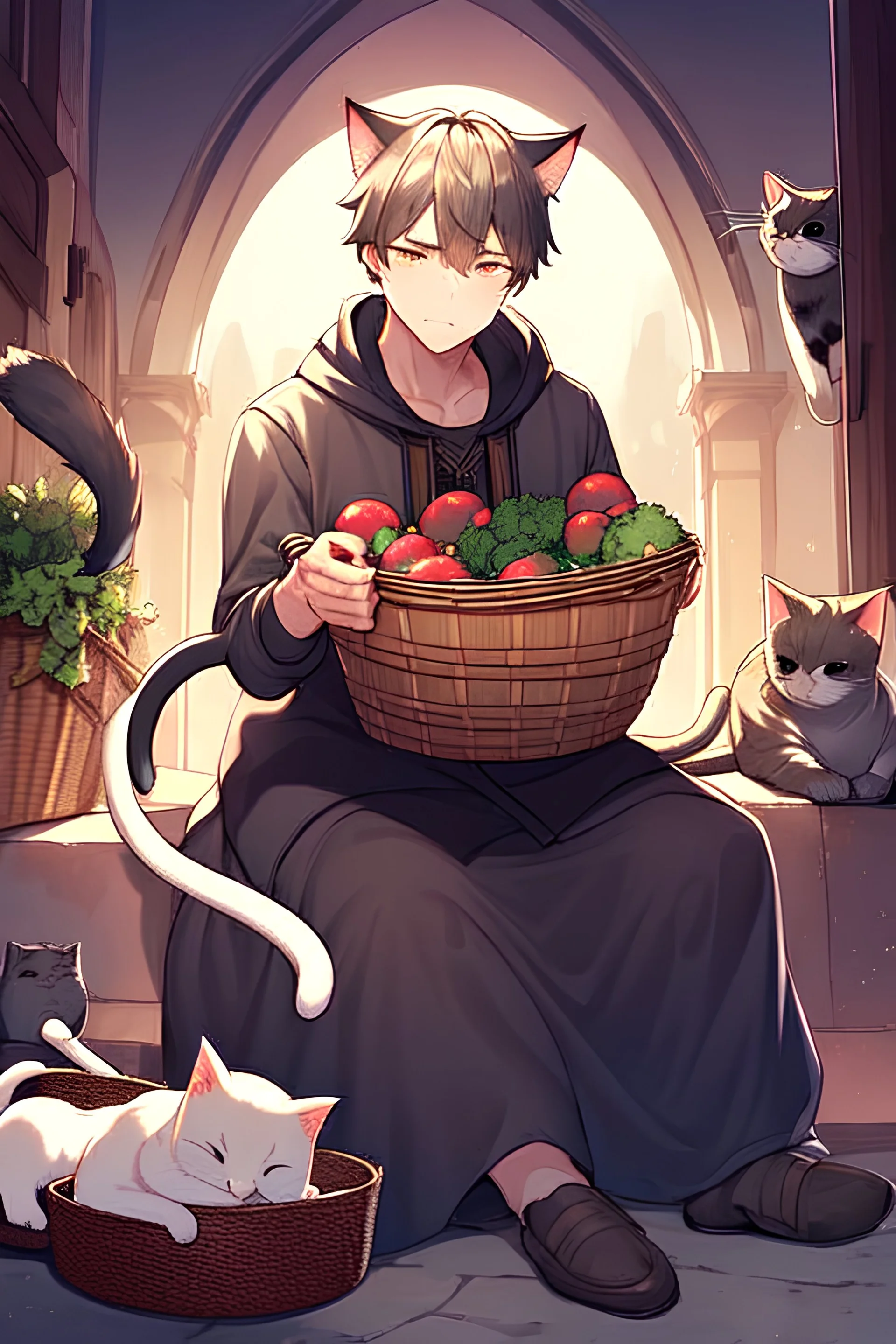 beautiful image of a sad boy with cat ears and tail sitting alone in a basket