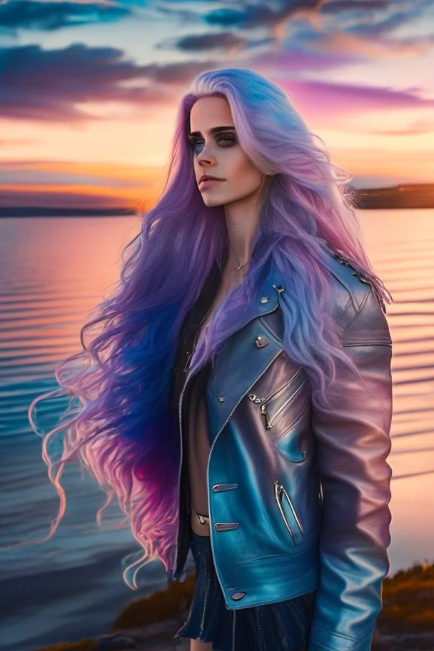 half body shot,realistic portrait of a 20-25 old caucasian model, long blue pink flowing hair, great grey eyes, blue leather jacket,full body, short white skirt,long legs,standing at beach of very nive lake with sunset ,clouds,godrayes