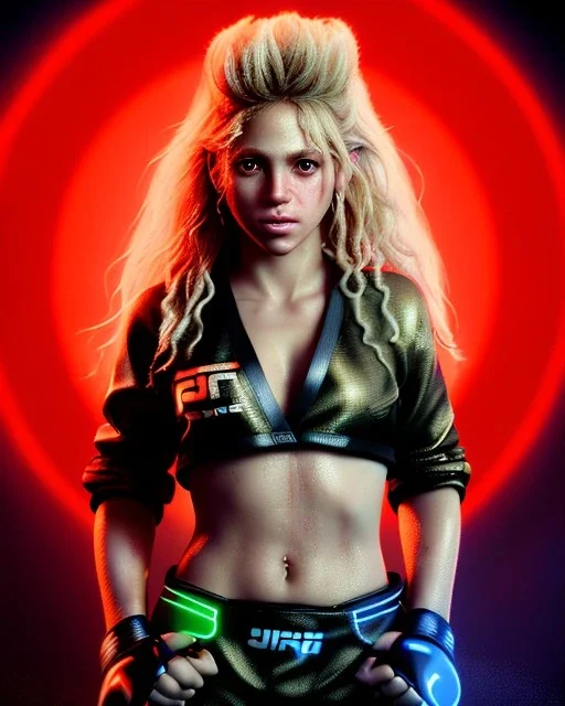 portrait, Shakira, blonde artist, angry, Realistic image, MMA robe, hoodie, mouthguard, nose, band aid, loose long hair, eyes make up, line gold make up, glow, circle iris. Rain, fog, Neon colors, leds. Dark background, photo studio, concept art, smooth, unreal engine 5, god lights, ray tracing, RTX, lumen lighting, ultra detail, volumetric lighting, 3d, finely drawn, high definition, 4k.