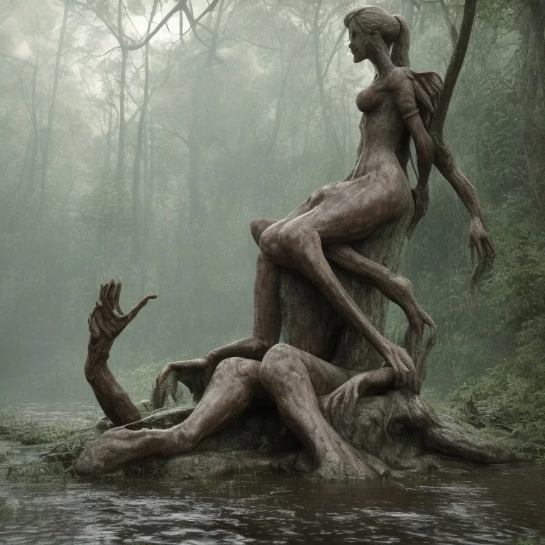 giant old statue wornderfull woman, abandoned between moutain, swamp, water, glass, fog, highly realistic, highly detailed, intricate, 8k