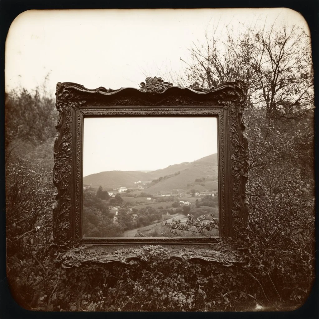 Daguerrotype stunning old frame old landscape odd creepy obsessive great nostalgia, bright, weird, old postcard landscape, cespugli, sfocato, sentiero, osceno, dettagli della cornice molto accentuati, polvere, 1950, old