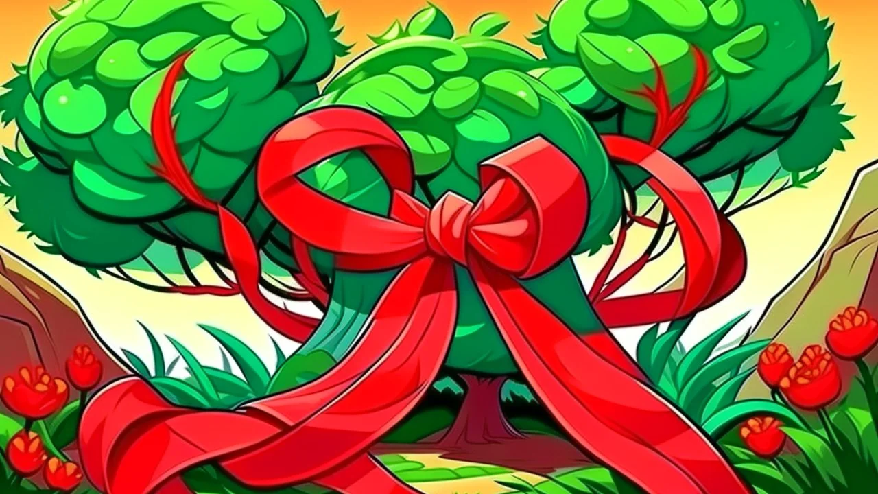 fantasy cartoon illustration: red ribbon tied around a shrub