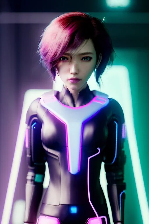 portrait, Asian cyborg woman, ghost in the shell style :: symmetry photography, cyberpunk style, pink hair, makeup, long line eye, light iris, :: black samurai armor, japanese traditional pattern, wires and circuits, pink, white, black :: cinematic, Ultra realistic, dark scene, soft color, highly detailed, unreal engine 5, RTX, ultra detail, 3d, finely drawn, high definition.