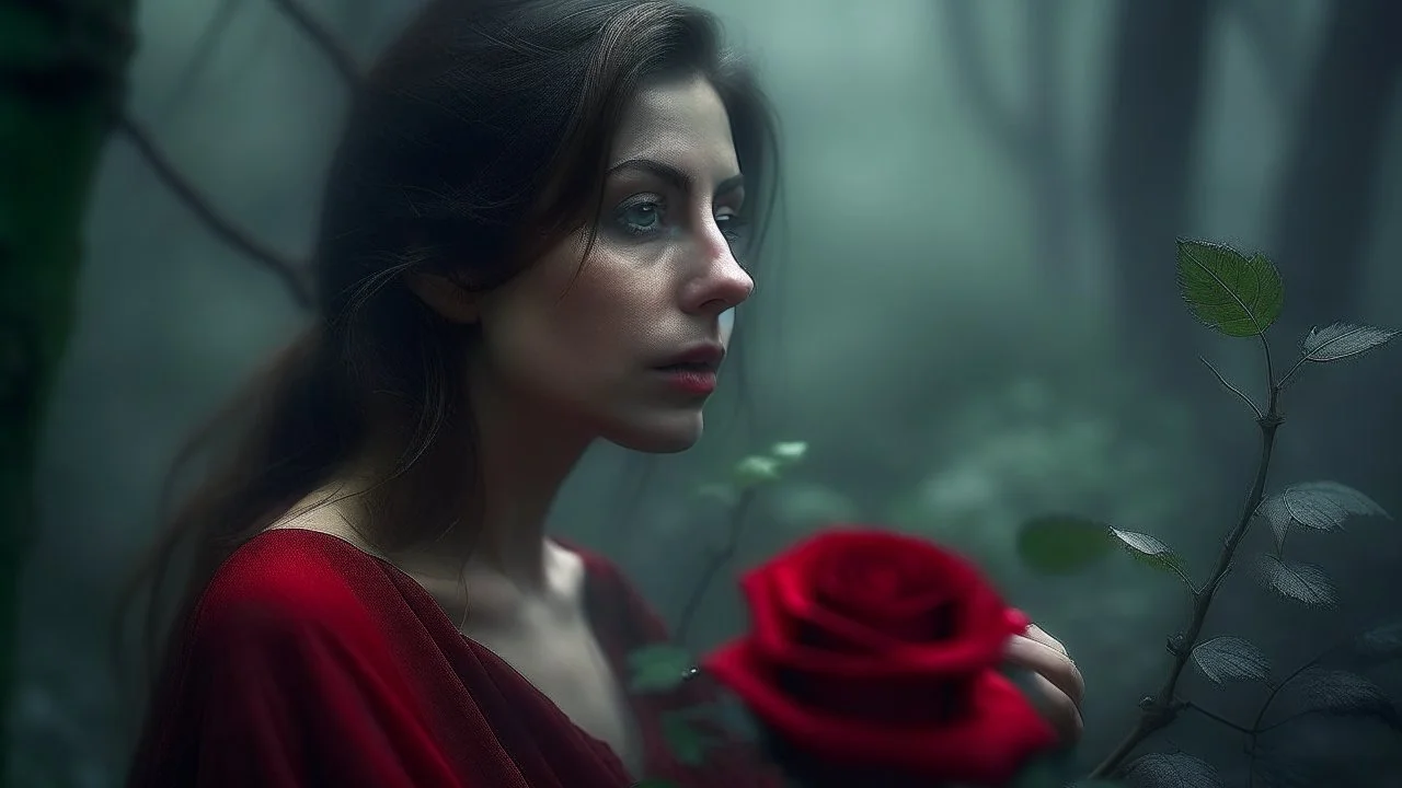 A captivating close-up photograph of a vibrant red rose with lush green leaves, nestled between the tendrils of a foggy forest. In the background, a pale-skinned woman with dark wavy hair and a mysterious expression gazes into the distance, her face slightly obscured by the mist. The atmosphere is enchanting and eerie, with the fog adding a touch of mystique to the scene.