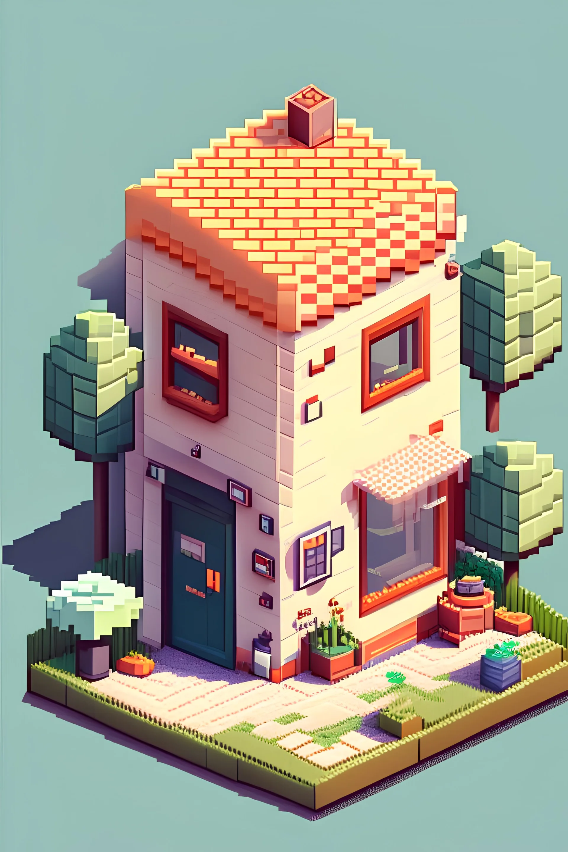 Isometric clean pixel art image of outside of cute design studio