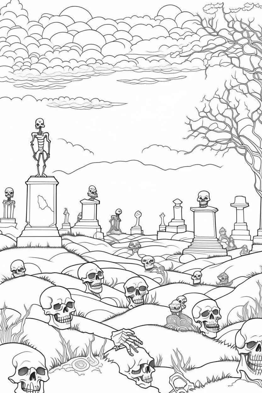 A graveyard with tombstones, skeletons rising from the ground, and eerie mist. Outline, sketch style, only use outline, mandala style, clean line art, white background, no shadows, no clear wall, coloring page.