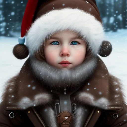 Portrait of boy child with brown hair and with cute face, north pole snowy vibe , perfect composition, hyperrealistic, super detailed, 8k, high quality, trending art, trending on artstation, sharp focus, studio photo, intricate details, highly detailed, by greg rutkowski