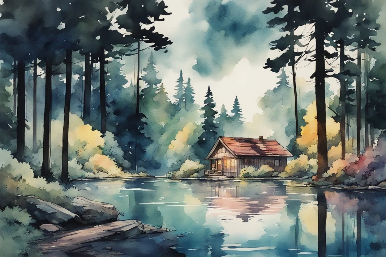 retro anime style, full color, dark serious 1980s anime style, A lake in the forest near a cottage, watercolor, forest,