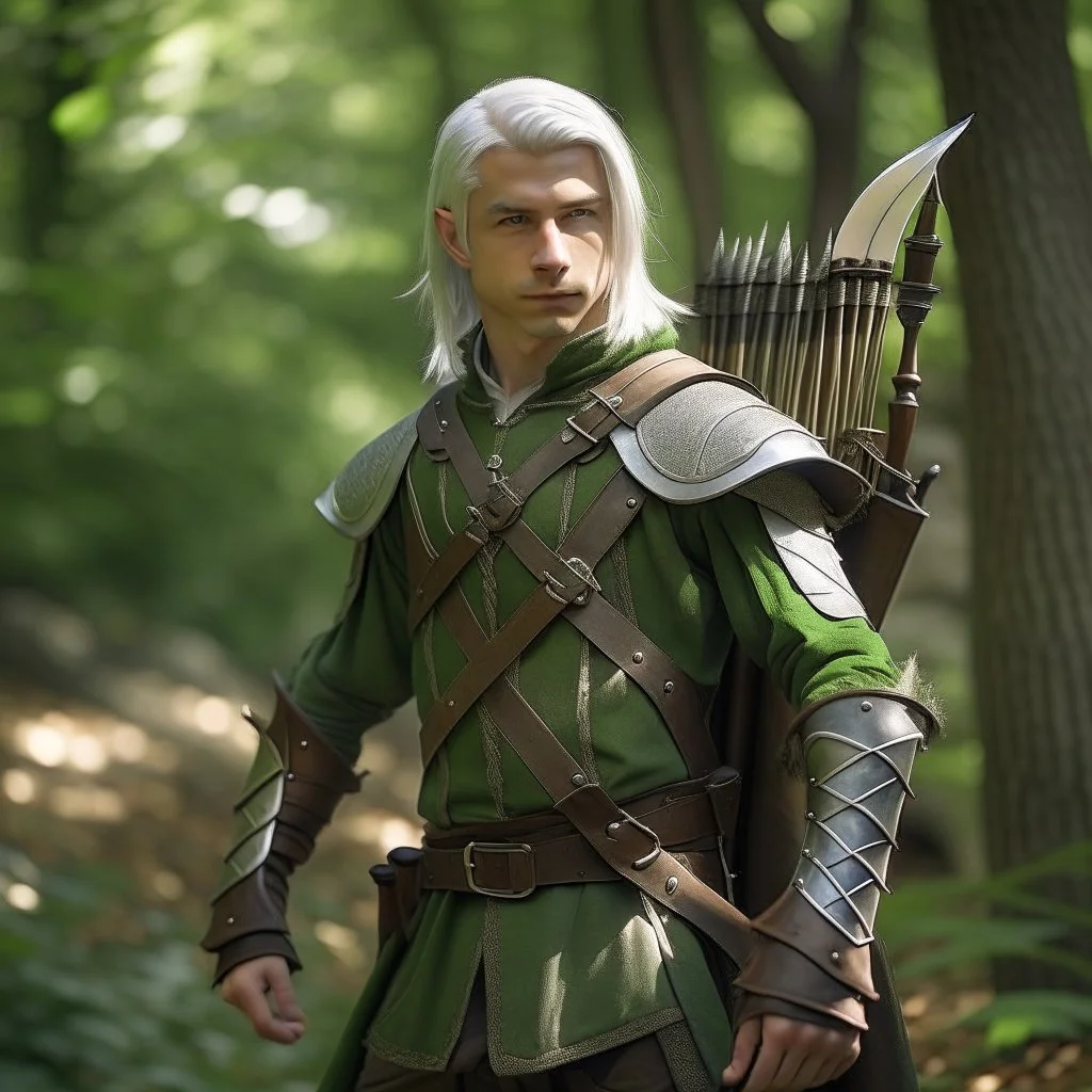 Please create an image for a young elven male with light brown skin, silver hair, and green eyes. He is standing outside in the forest during springtime, carrying a crossbow. There is another walking suit of armor in the background