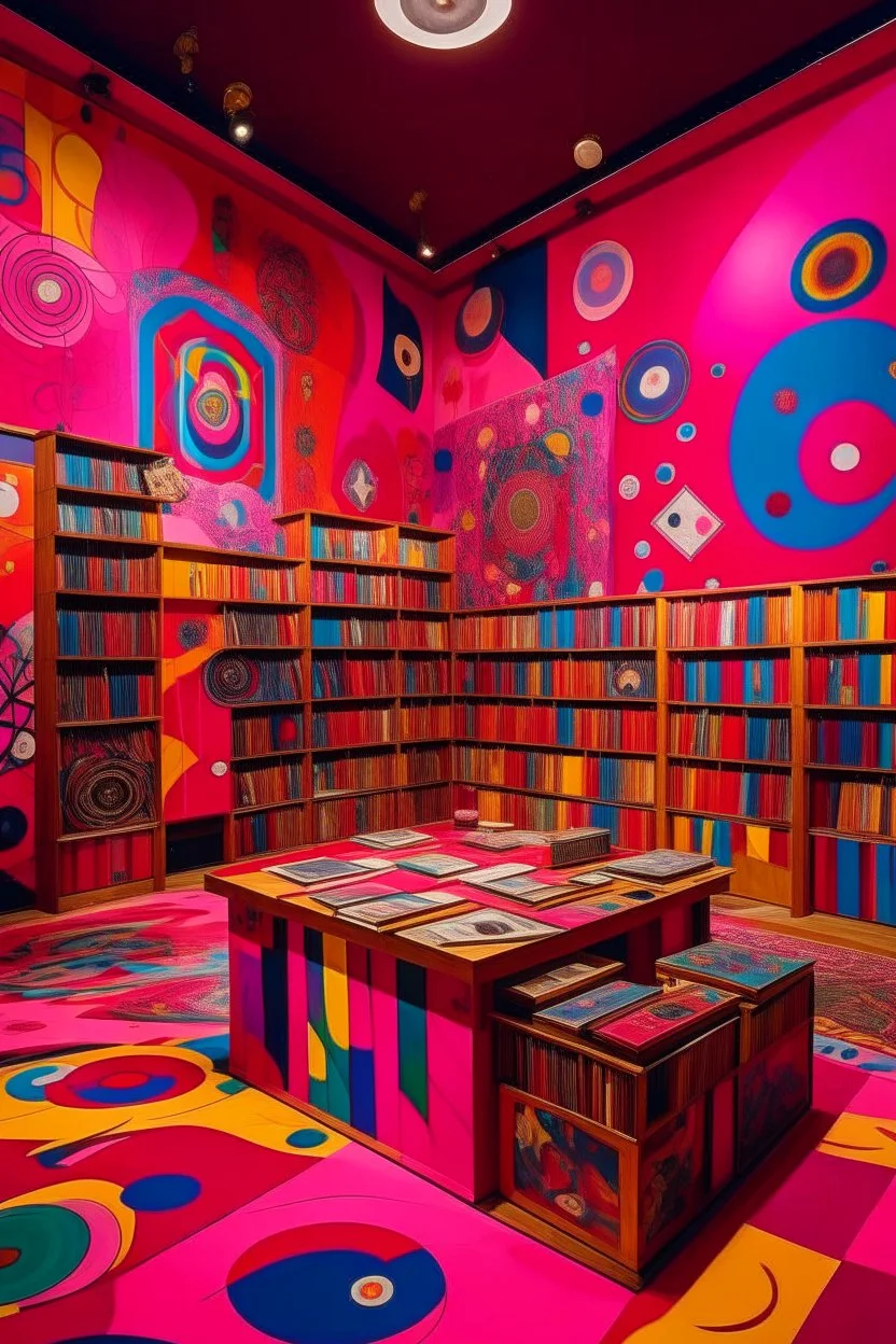 A magenta psychic library filled with telekinetic books painted by Wassily Kandinsky