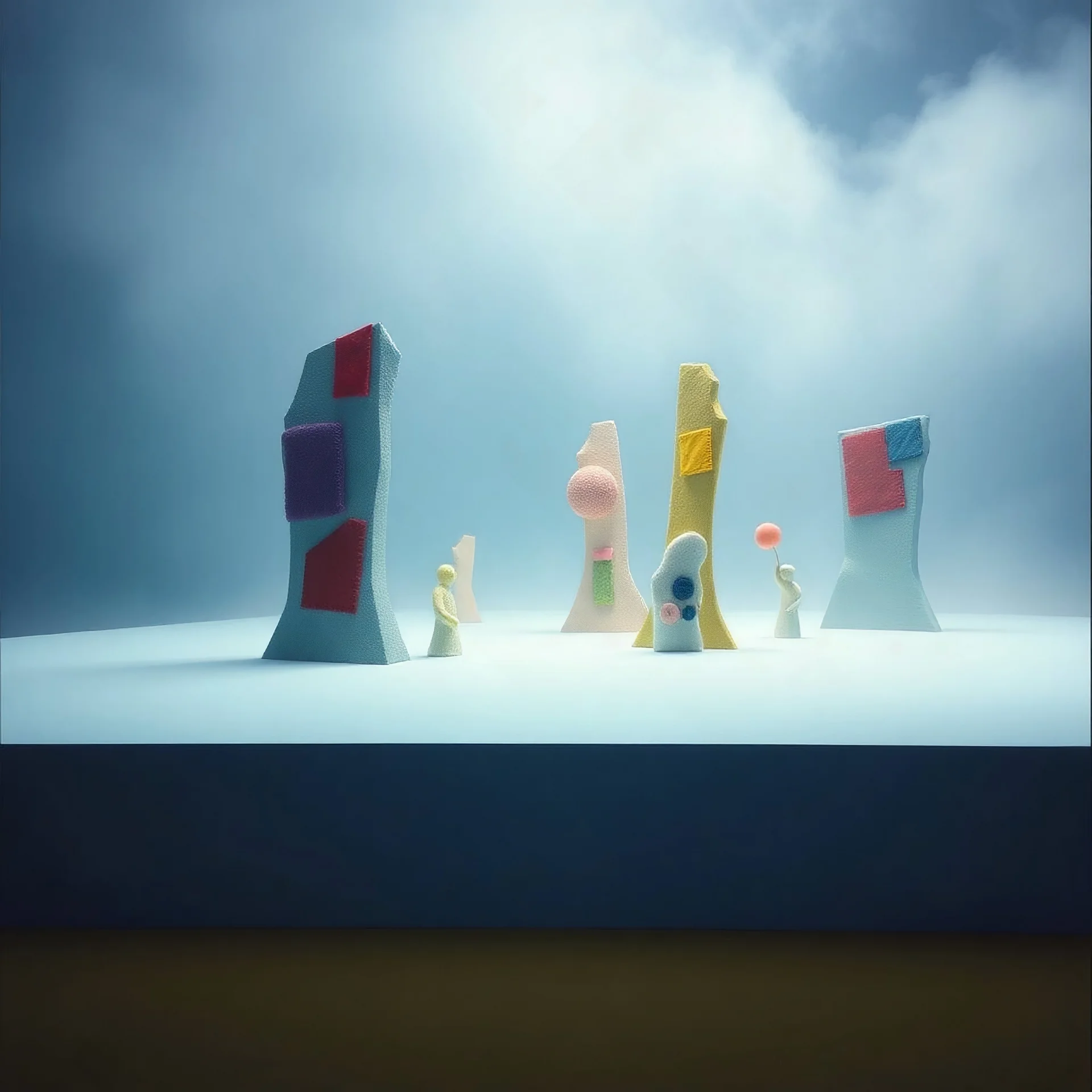 Fotografia di una superficie piatta di colore azzurro chiaro e giallo pastello, su cui si ergono surreali strutture di forma astratta e surreale, con macchie, made of felt, di colori vari. Yves Tanguy. Nebbia, oscurità, paranoic, obsessive, homologic, phobic, nightmare, notte, glossy, hasselblad h6d400c --ar 85:128 --v 6.