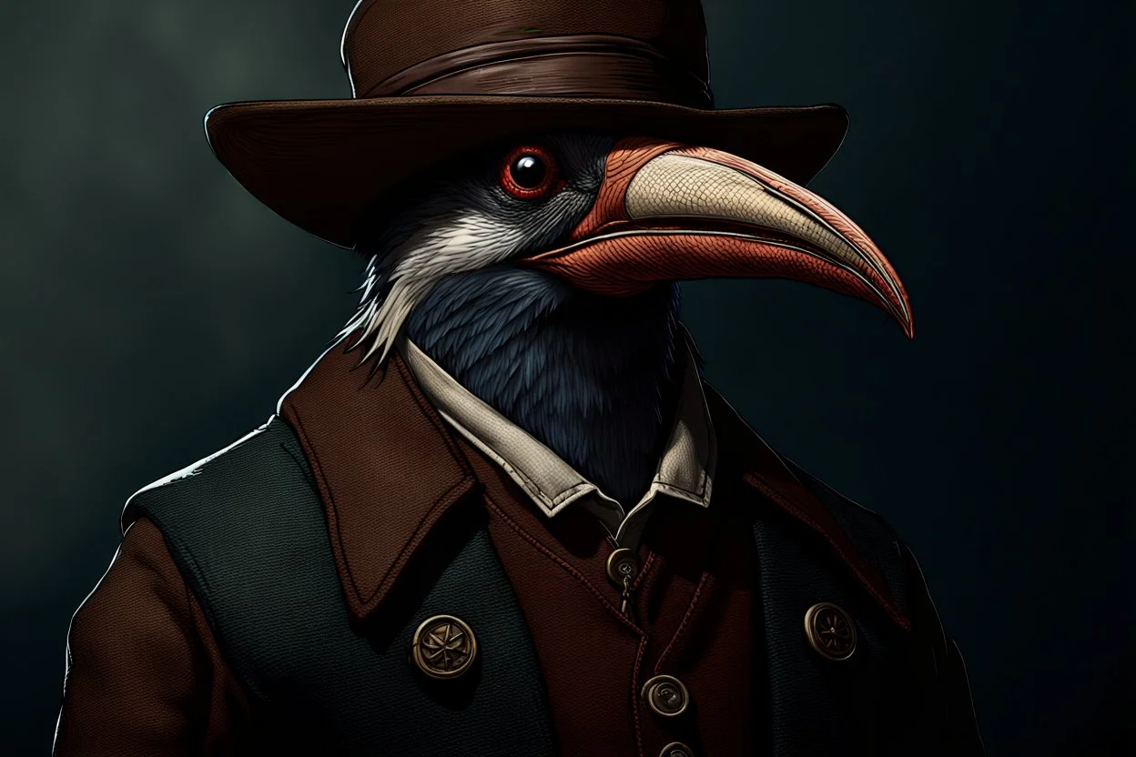 arafed bird wearing a hat and jacket with a long beak, from witcher (2021), portrait photoreal, taking tobacco snuff, trending on artstatio, from the game pathologic 2, 2 0 1 4. modern attire, thomas