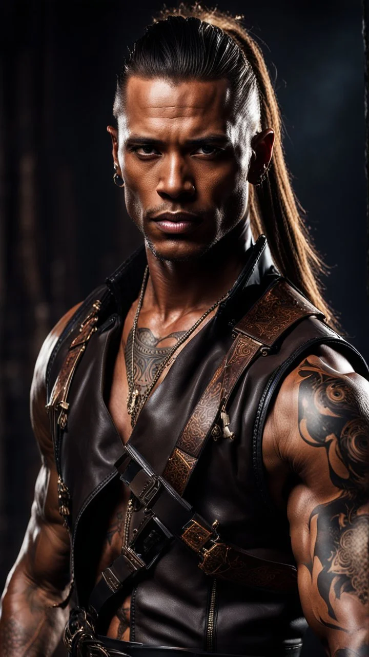 portrait of a 35 year old Handsome muscular male with dark bronze skin adorned with tattoos. His long light brown hair is tied back in a pony tail. He's wearing a leather vest and has a dagger which hangs from his belt. Dark fantasy. Hyperrealistic