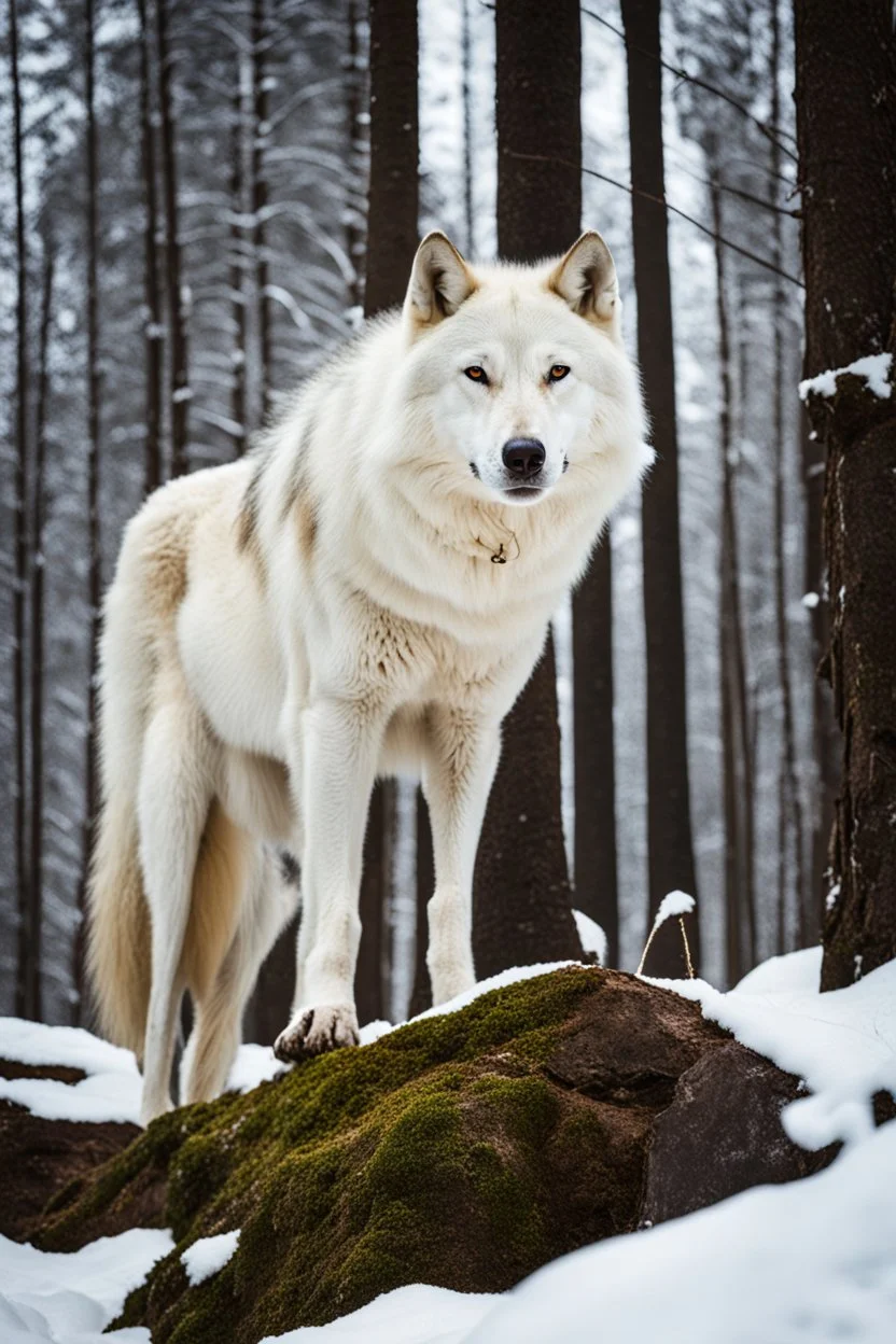 Giant White wolf standing in a forest, snow covering the ground