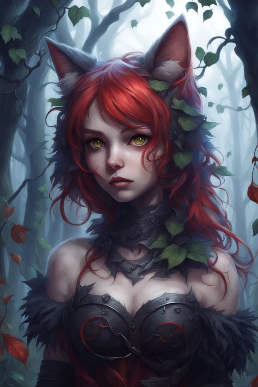 CAT GIRL, FANTASY, FORESTY, VINES, SOULLESS, FLUFFY TAIL, RED HAIR, METAL