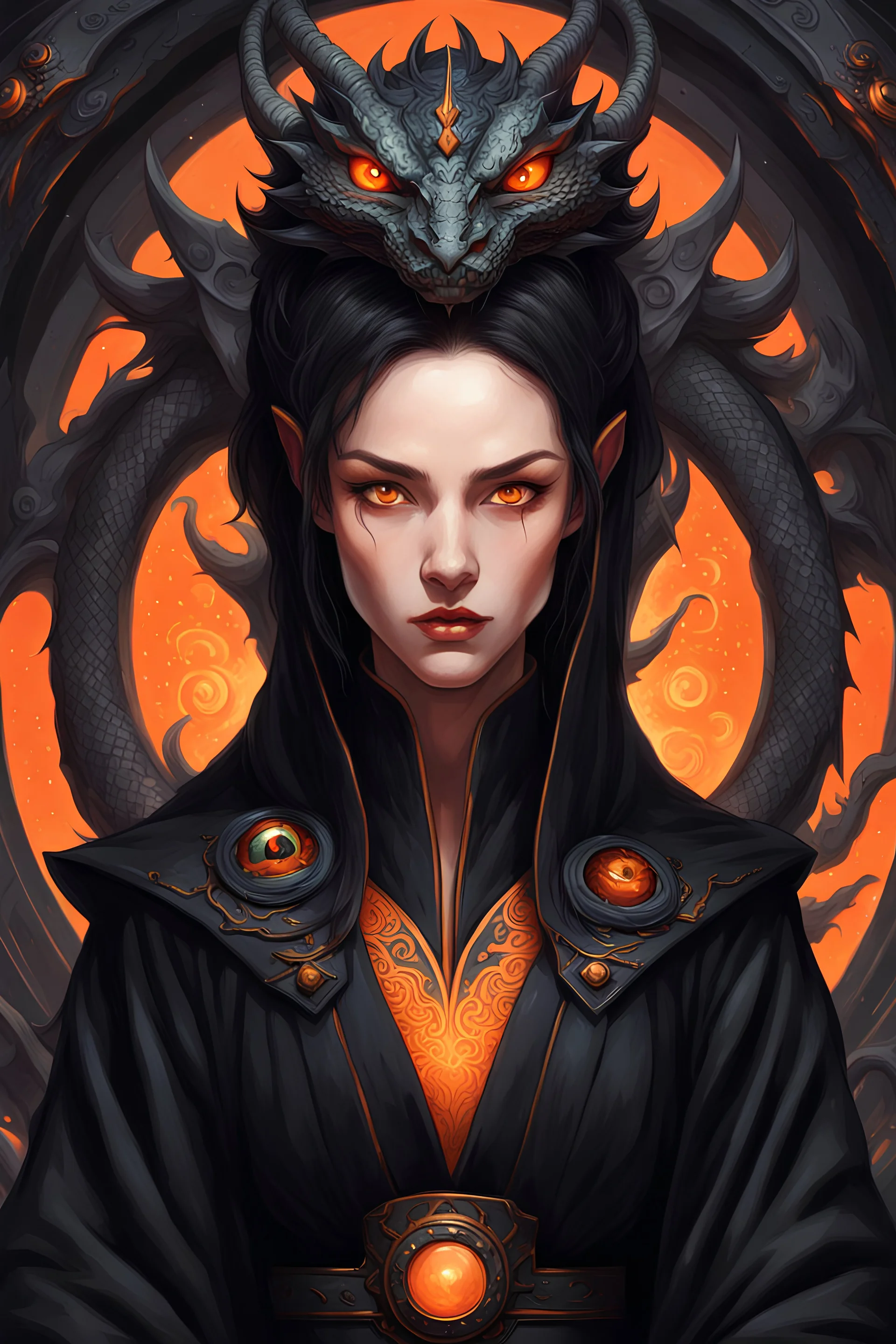 women with sharp features and orange eyes, eyes are orange in a black robe with a dragon pattern, sitting in a spaceship throne with only black decorations