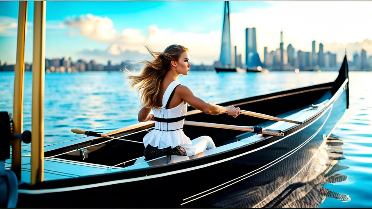 1 girl makeup wearing victorian top and pants and pretty boots rowing a sailing boat in sea ,modern city of 2040 ,pretty clouds in blue sky,city escape.at distant