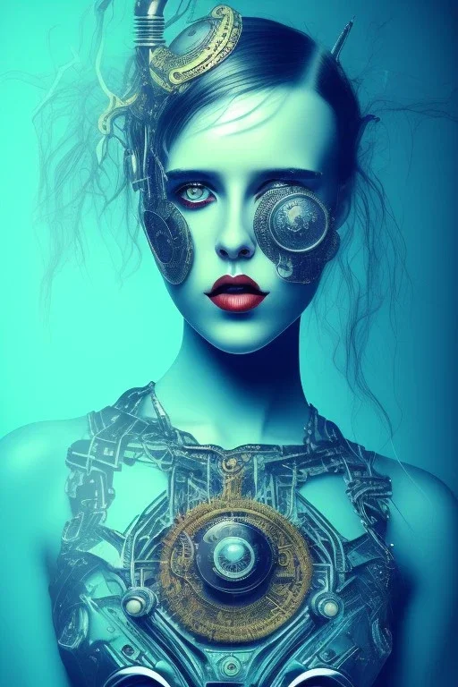 Danish singer MØ face,Abstract steampunk, blue tones,