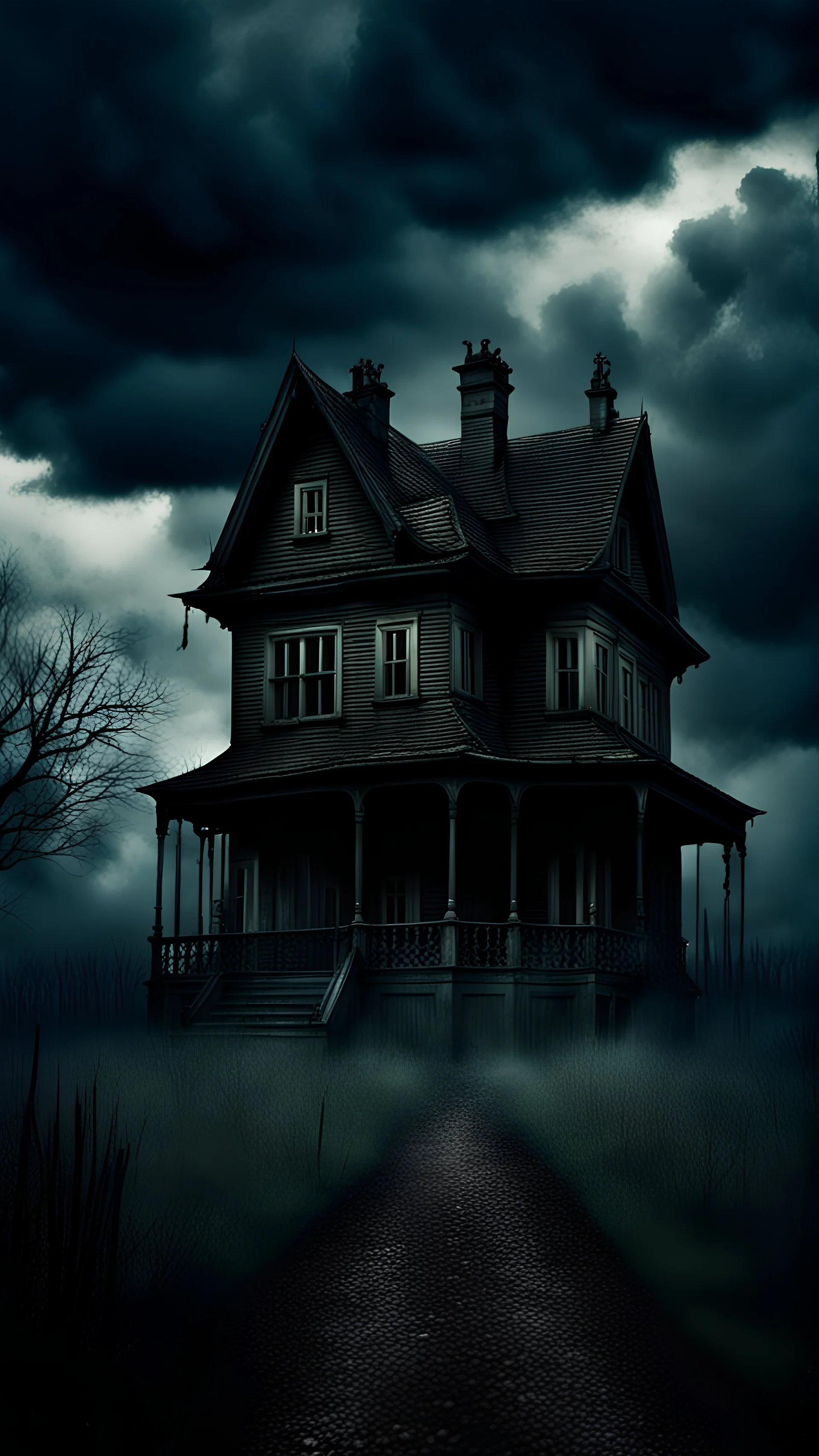 a creepy haunted house, the atmosphere of a HORROR FILM, dark clouds