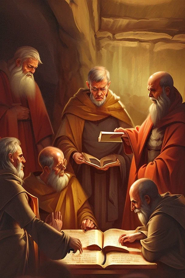 Several Christian priests of the 1st century AD are sitting in a cave and actively arguing and gesticulating, each holding a scroll of Ancient Scripture, on a wooden table in front of them there are many ancient scrolls, all painted with oil paintings in high resolution, in 8k.