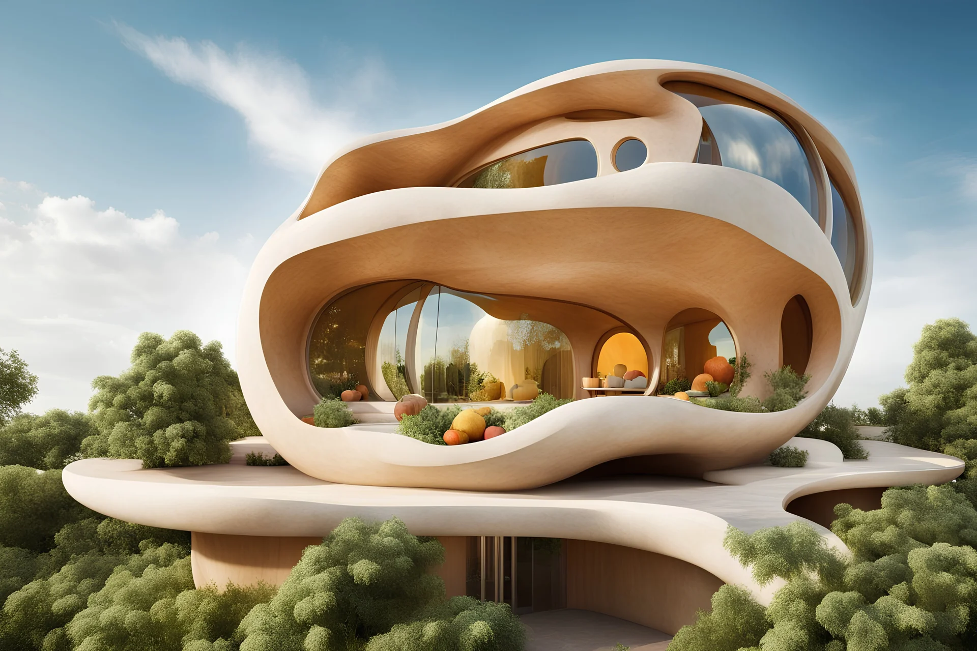 organic fruit-shaped house embedded into the sky, architectural photography, style of architecture, modernist architecture, warm sunlight, photo real, real photography