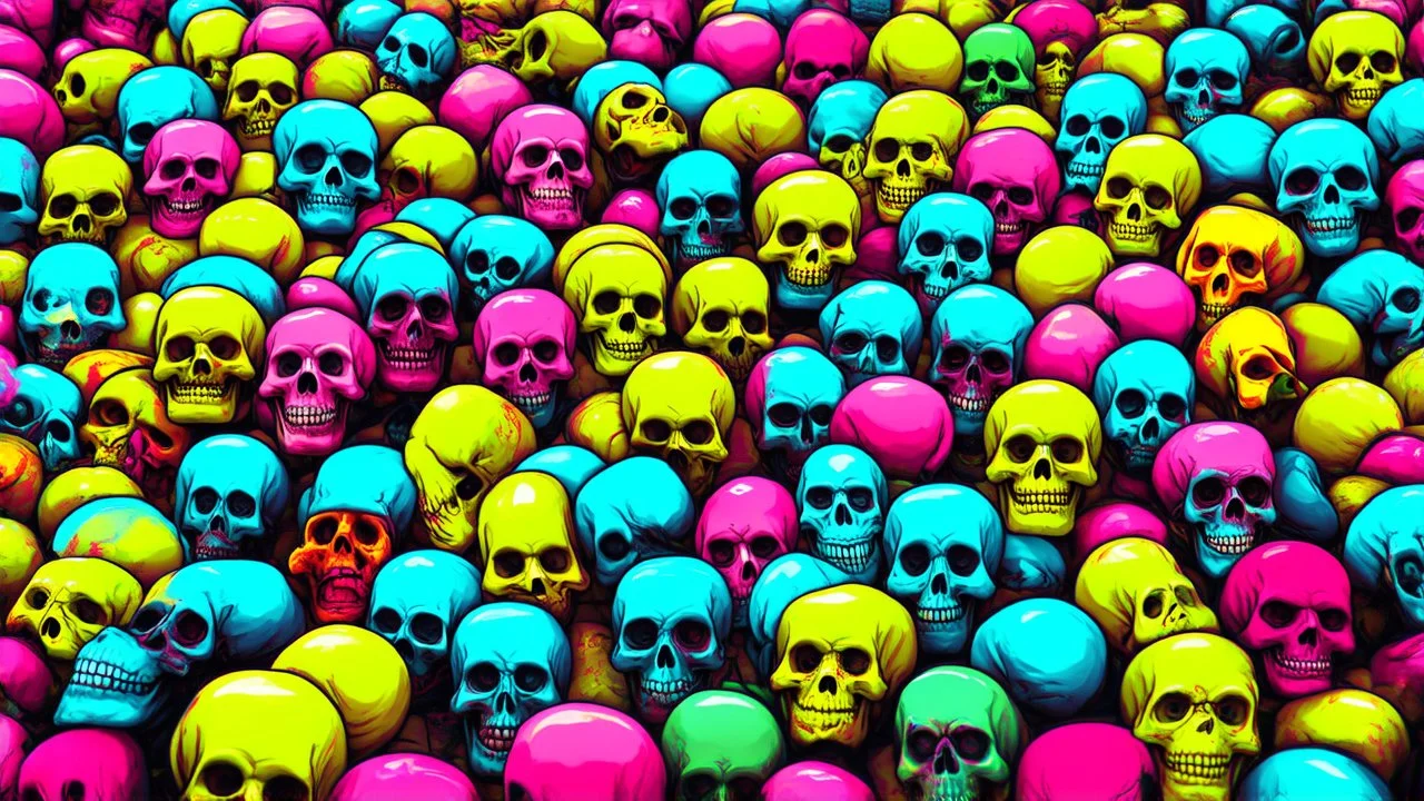 a field of 1000s of cartoonish, anatomically correct, skulls, vivid RANDOM BRIGHT neon colors, dark comedy, well lit, high detail, photorealistic, horrorcore, fun, scary, none featured, each a different color or hue,