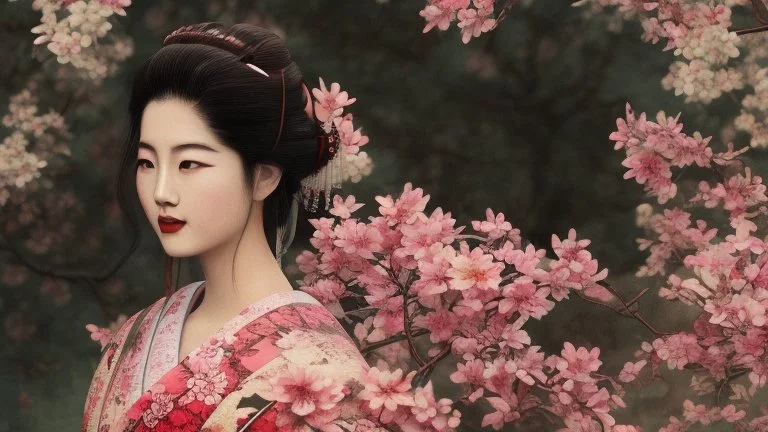 Japanese Geisha, illustration, digital art ,Vintage, Gothic, God Rays, vibrant colours, stylish ,Dark and Gorgeous art , GOD LIGHTING, Eiko Ishioka costume designer,, 32Κ, macro realistic,macro, sunbeams,beautiful, insanely detailed, cherryblossom zen garden, manga,anime,