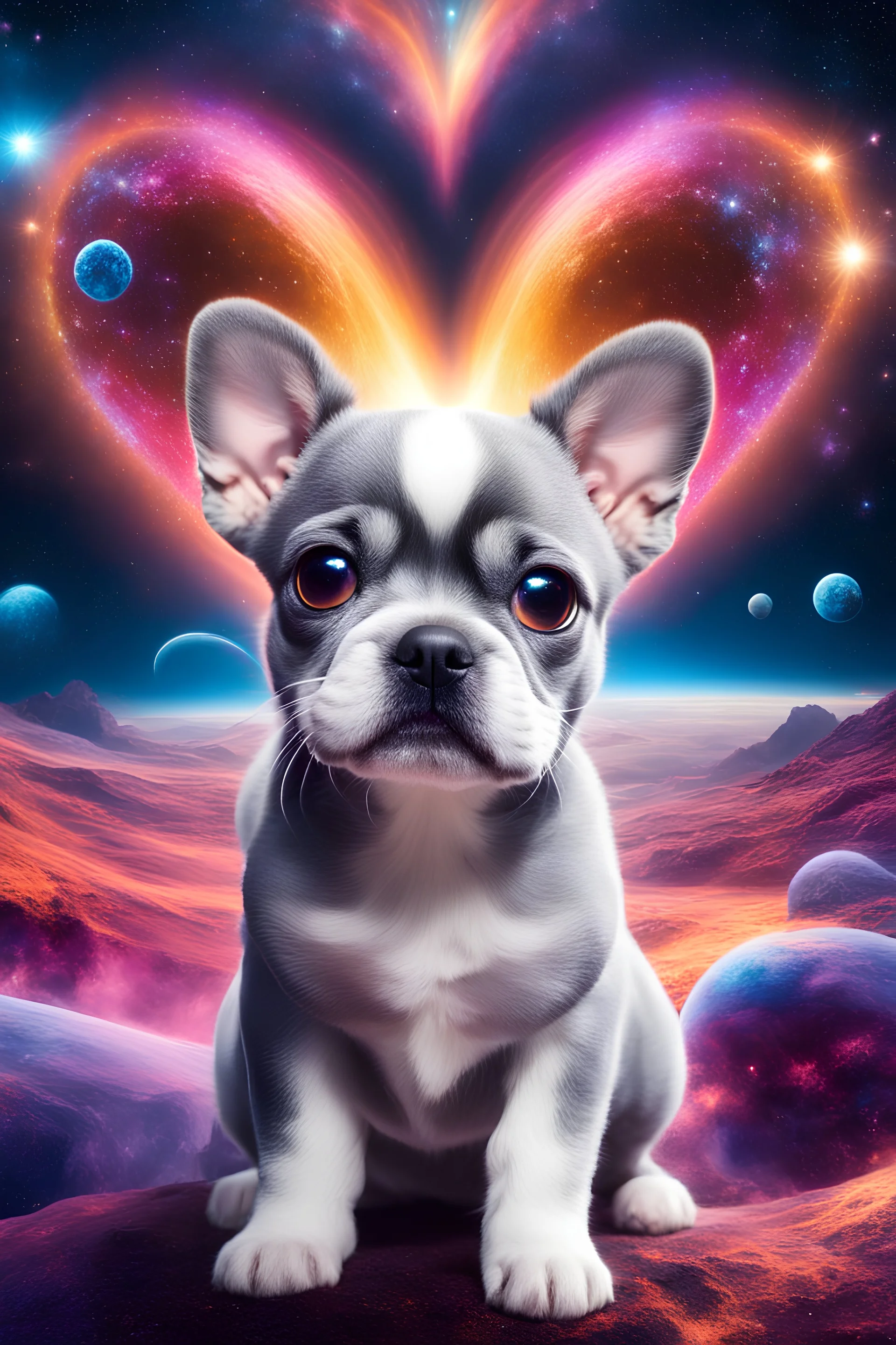 large eyed happy puppy grey frenchton in the distance a colorful intricate HEART shaped planet similar to earth in a brig ażht nebula, sparkles, cinematic lighting, vast distances, swirl, fairies, magical darkness, sharp, depth, jellyfish, cinematic eye view
