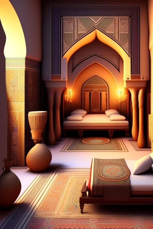 An Egyptian bedroom with arches, a big bed, cushions, rugs, lamps