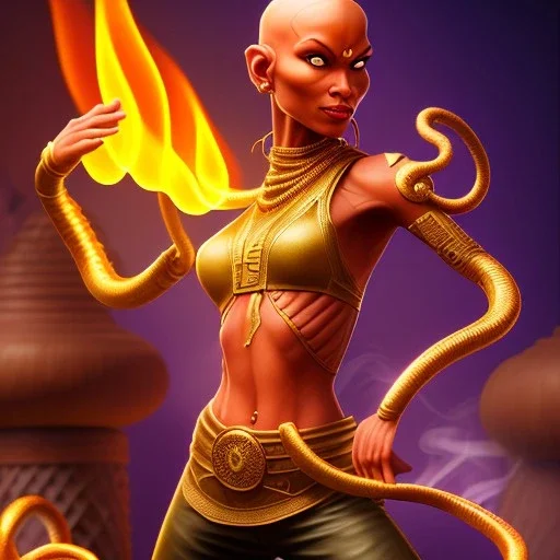 dhalsim with snake hair,flame, smoke, fence, yoga artist on a boat in the air, maze background , levitated lab equipment, 4k, Highly Detailed, Masterpiece, perfect eyes, Digital Illustration, Cinematic Lighting, Realistic, Sharp Focus, Centered, Beautifully Lit, Bioluminescent by Stanley Artgerm Lau