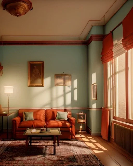 Room scene,, Wes Anderson style, concept art, smooth, unreal engine 5, god lights, ray tracing, RTX, lumen lighting, ultra detail, volumetric lighting, 3d.