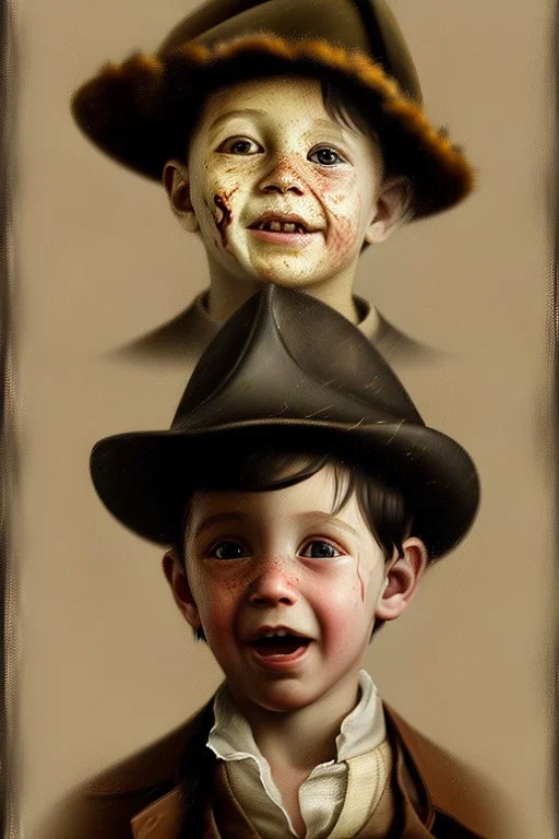 damaged realistic oil painting, portrait of oliver twist, boy crying, oil on face, 1800s clothes, wearing tophat, factory and oil in background, atmospheric lighting