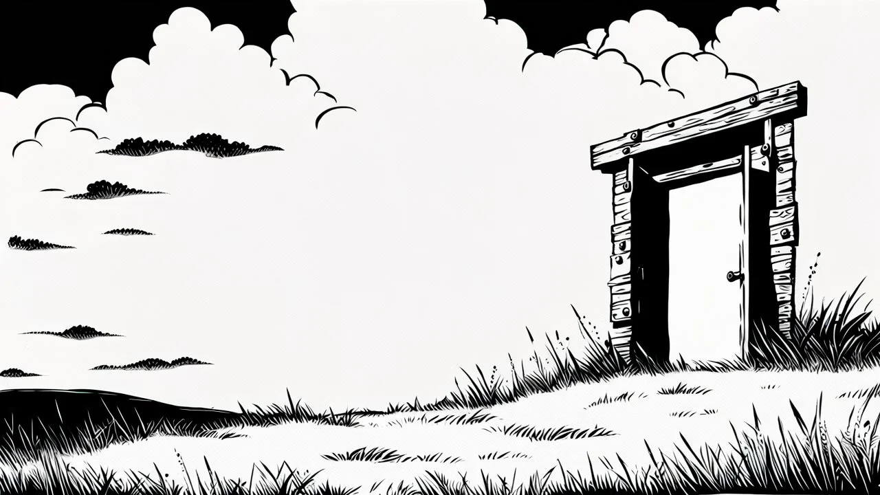 broken wooden door, anime, monochrome, black background, ink, simple, maximum quality, broken hinge, barely functioning, centered on frame, far view, in the middle of a grassy hill, white sky with cumulonimbus