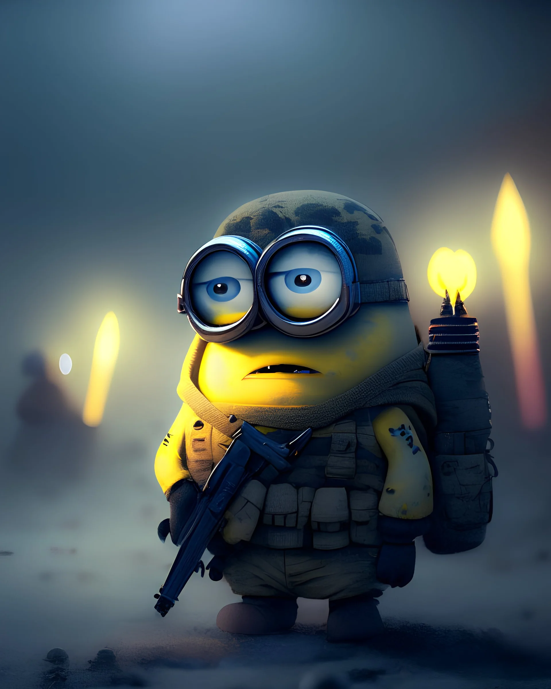 a minion at the frontlines in the army at night with his platoon fighting, slava ukraine, key lighting, soft lights, foggy, by steve haris, by lisa yuskavage, by serov valentin, by tarkosvky, 8 k render, detailed, cute cartoon style, very cute adorable face