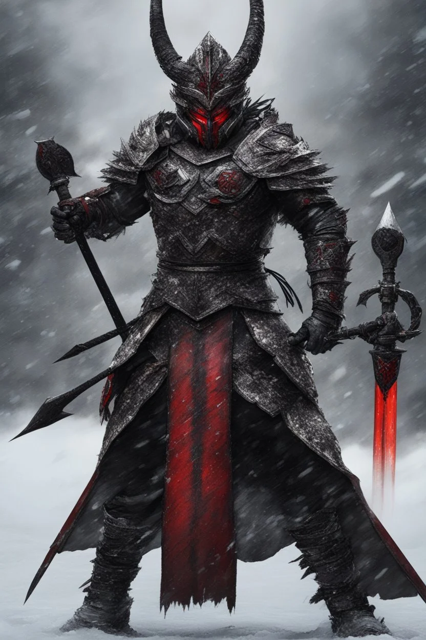 The character, depicted in a striking white armour against a wintry backdrop stands with his hands behind his back inside the scene, he has a red and black circular symbol on his chest like a shield, a black pointed spear with a red handle on his back, His eyes are showing a dynamic expression and he wears a black oni mask with white teeth covering the bottom part of his mouth he has brown shoulder pads and a white belt with a bag attached to it. He has dark brown hair, he does not wear a helmet