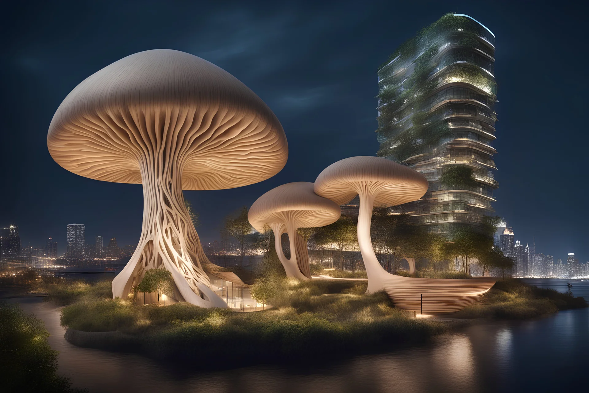 city,biophilic,wood,building,sea,night,coast,amorph building,futuristic,ispiration mushroom,root