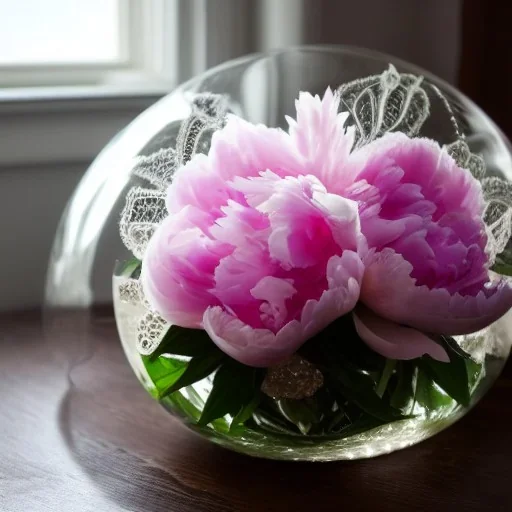 Cinematic shot of peonies inside a crystal lace globe, glass, crystal, linen, dewdrops, warm lighting, luxurious