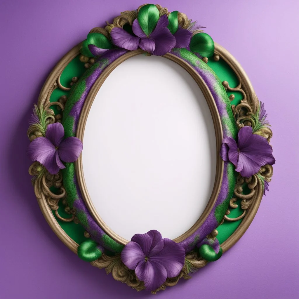 oval picture frame in purple with green mardi gras on light background